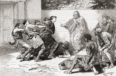 Une scène de la pièce de William Shakespeare La Comédie des erreurs, Acte V, Scène 4, Adriana : O, attachez-le, attachez-le, ne le laissez pas s